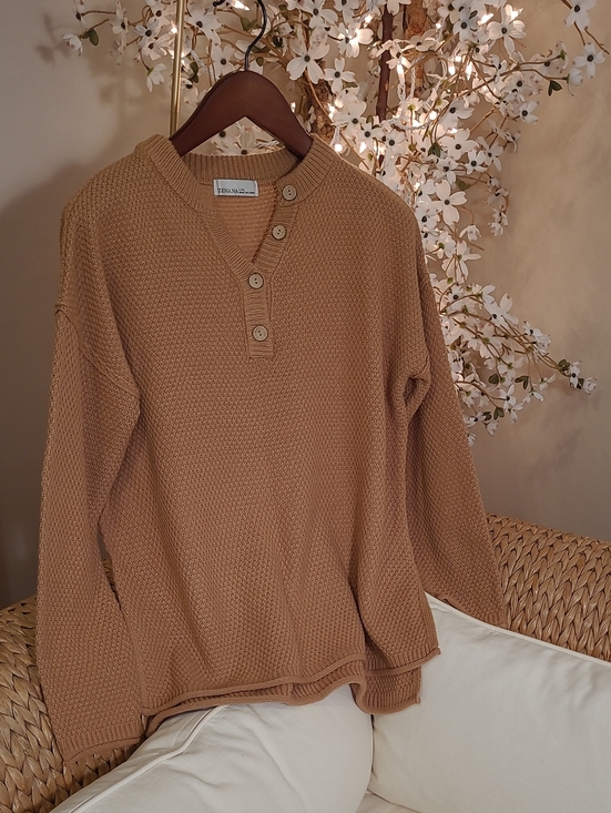 Zenana Outfitters Sweaters - Tan Knit Henley Sweater